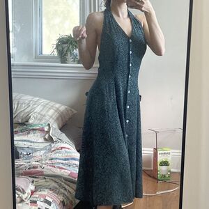 Vintage Long Halter Black and Dark Green Patterned Long Dress by Jonathan Martin